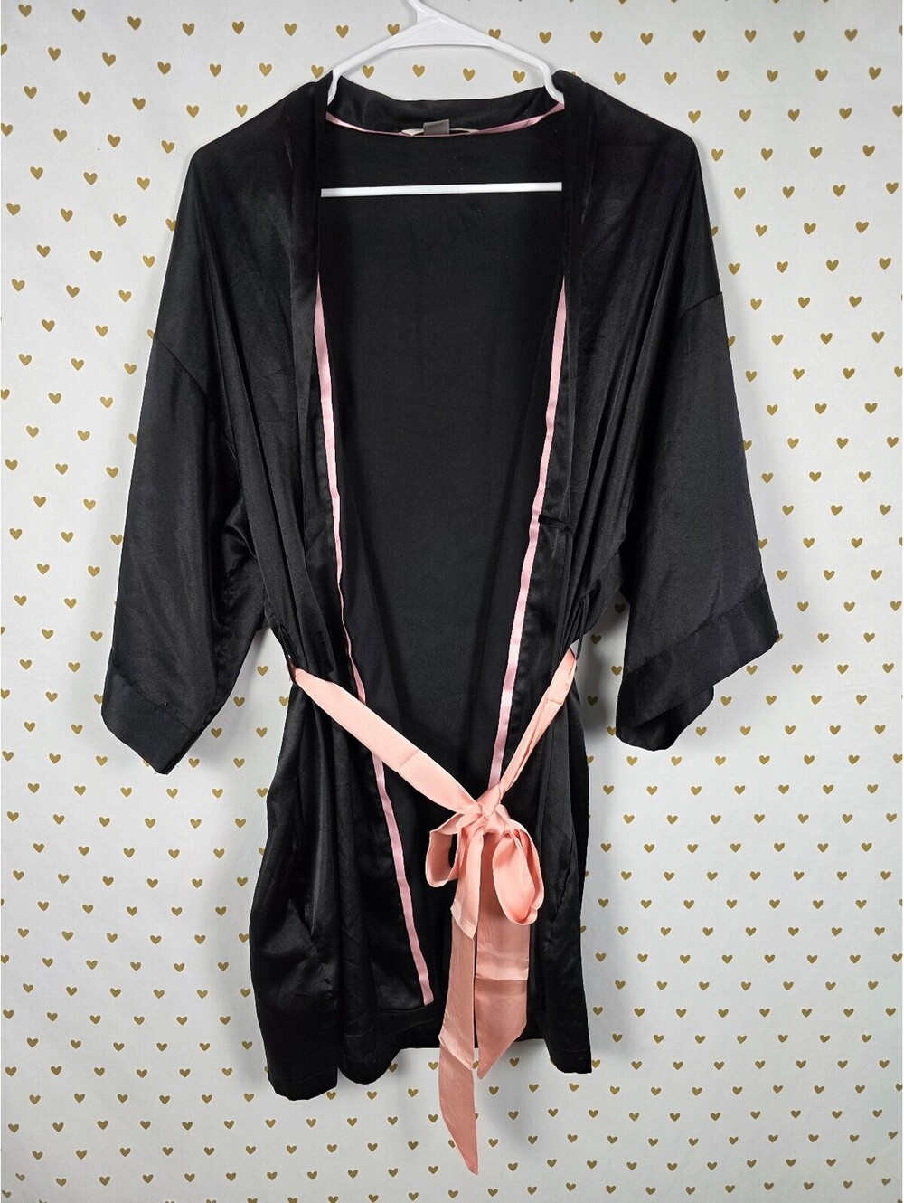 Victorias Secret Satin Silky Robe Black Pink Lounge Kimono Wrap Small Med pocket